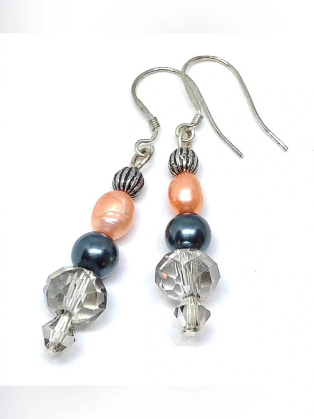 Gray Crystal Peach Orange and Black FW Pearl Antique Silver Tone Dangle Earrings